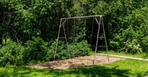 Columpio sin cuerdas en jardín rodeado de arbustos verdes.